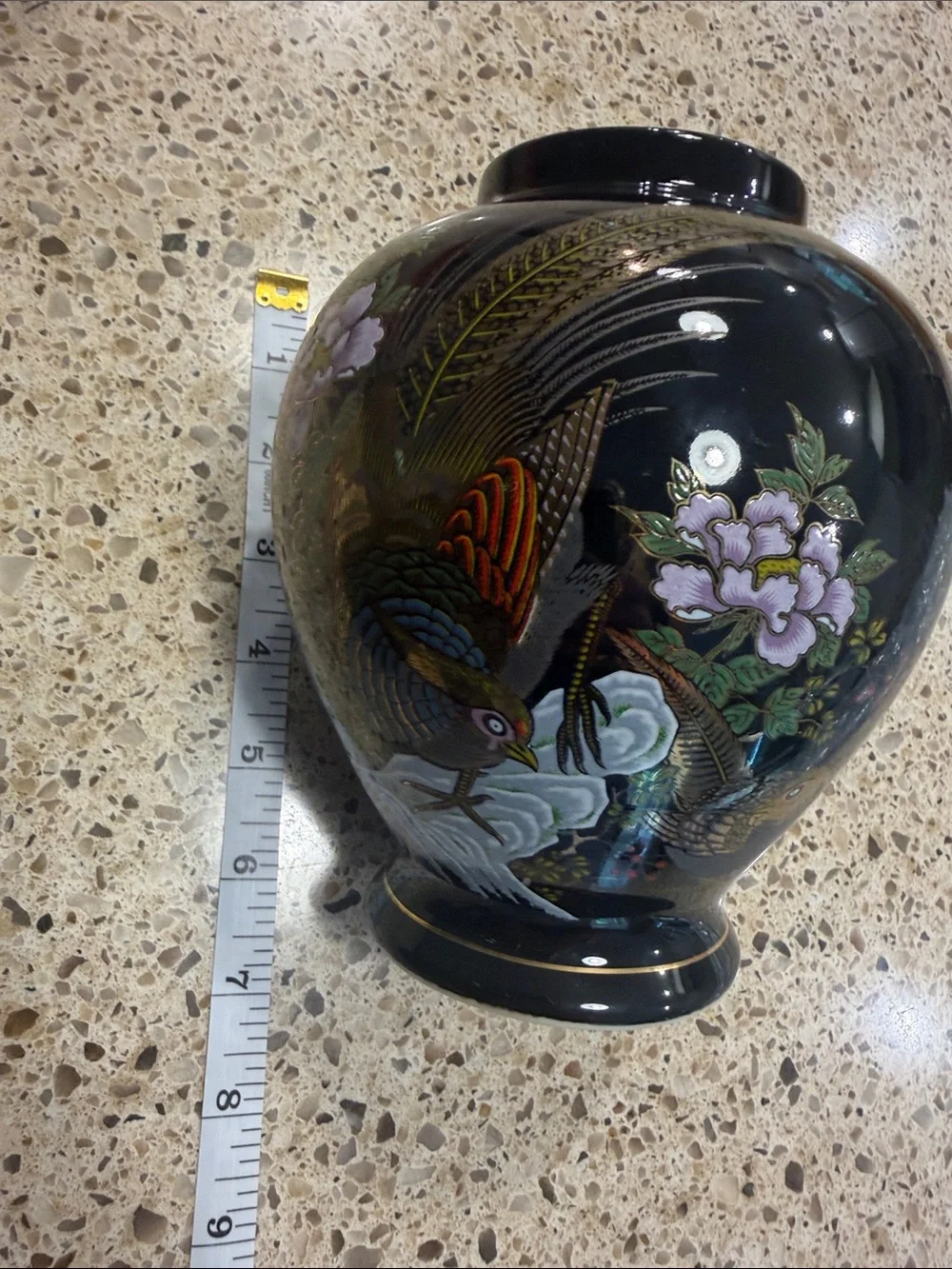 Black Lacquered Vase Set with Gold & Pastel Bird Motif Peacock